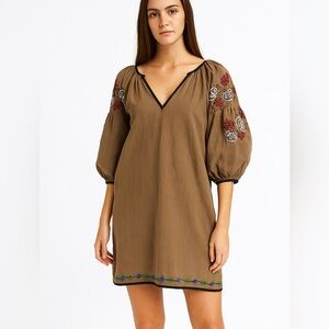 Love Binetti Brown Embroidered Boho Dress XS Puff Sleeves 100% Cotton
